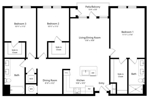 Floor plan for 3 beds, 2 baths, 1532 sqft